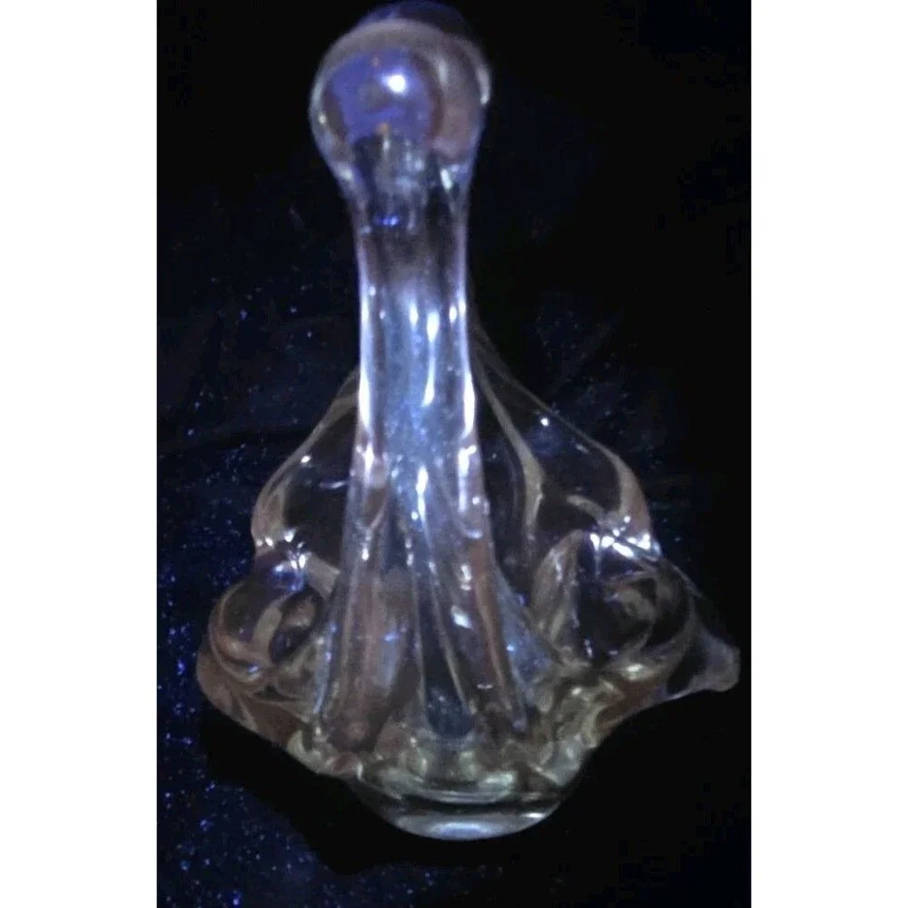 Vintage Clear Art Glass Basket Vase 6.25” Tuscany Style UV Pink Selenium Glow